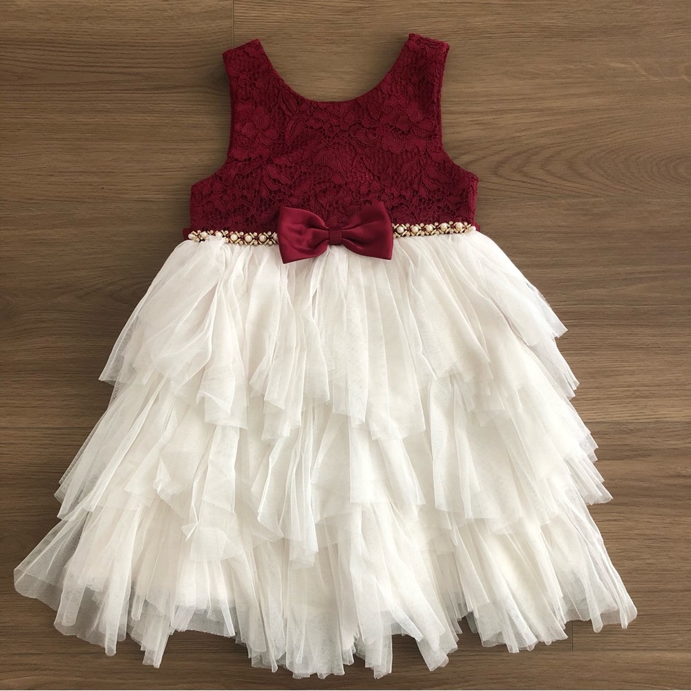 American Princess Burgundy and Ivory Lace Tulle Party Dress Girl’s Size 4